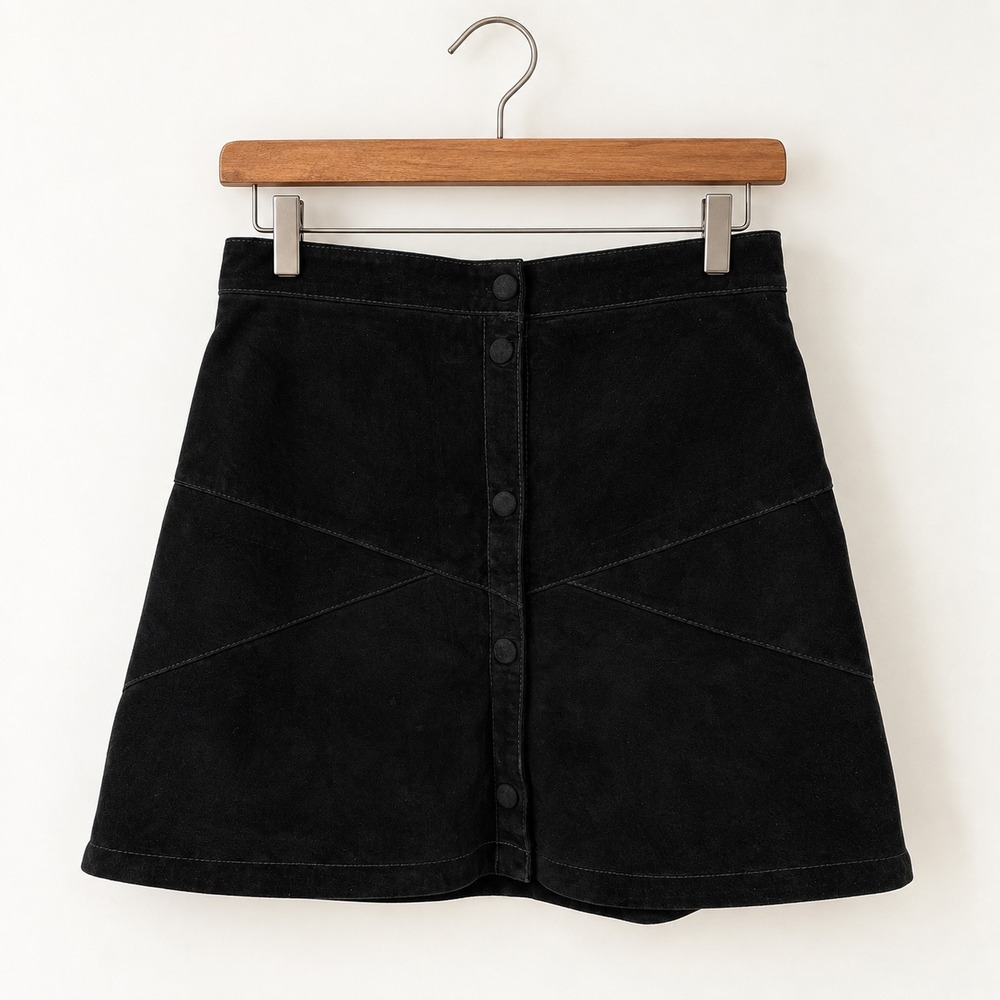 Monki Real Suede Mini Skirt Womens 38 US 6 8 Black Button Front Genuine Leather